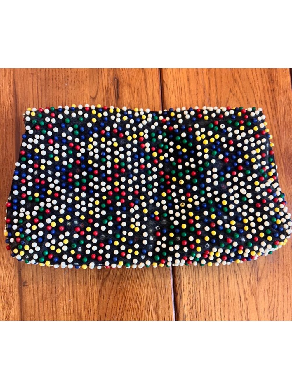 Vintage Beaded Multicolor Clutch With Metal Ring Accent Handcrafted Design 8.5"